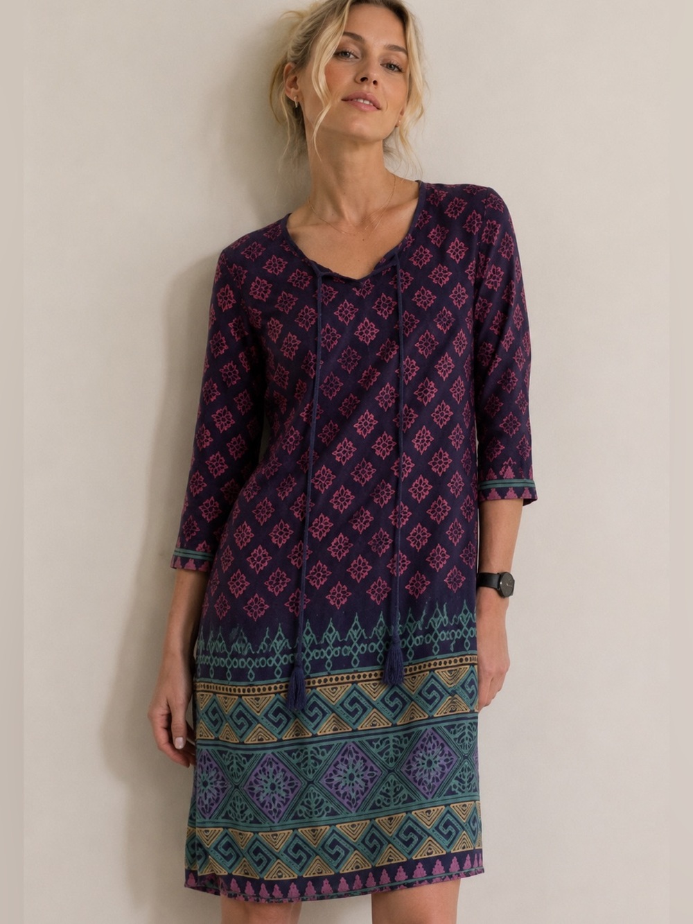 Melange Viscose Navy Pink Aztec Boho Festival Ethnic  Shift Midi Dress Med